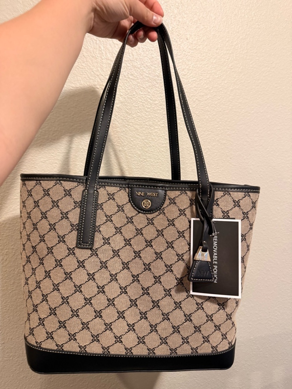 Nine West Beige and Black Logo Tote with Matching Pouch - Picture 2 of 7